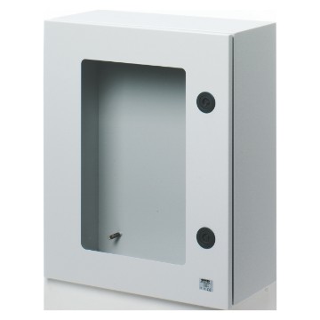 Wassergeschützte Gehäuse aus Metall mit transparenter Tür und Schloss Grau RAL 7035 Wassergeschützte Gehäuse aus Metall mit transparenter Tür und Schloss Grau RAL 7035