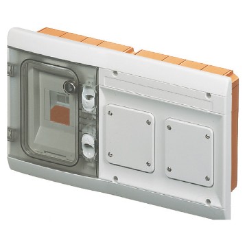 Wassergeschützter Unterputzverteiler für modulare Geräte und 2 Flanschen 85x75 mm für Steckdosen nach IEC 309 - mit stoßfester Front - Grau RAL 7035 Wassergeschützter Unterputzverteiler für modulare Geräte und 2 Flanschen 85x75 mm für Steckdosen nach IEC 309 - mit stoßfester Front - Grau RAL 7035