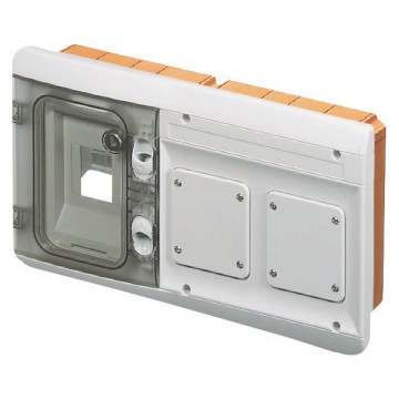 Quadro eléctrico combinado de encastrar estanque previsto para aparelhos modulares e para 2 flanges de 85x75 mm para montagem de tomadas Norma IEC 309 - Frente à prova de choques - Cinza RAL 7035