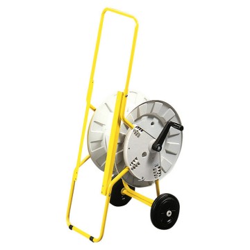 Carro em tubo metálico pintado de amarelo com protecção contra acidentes equipado com duas rodas e tambor rotativo para enrolar até 50 m de cabo