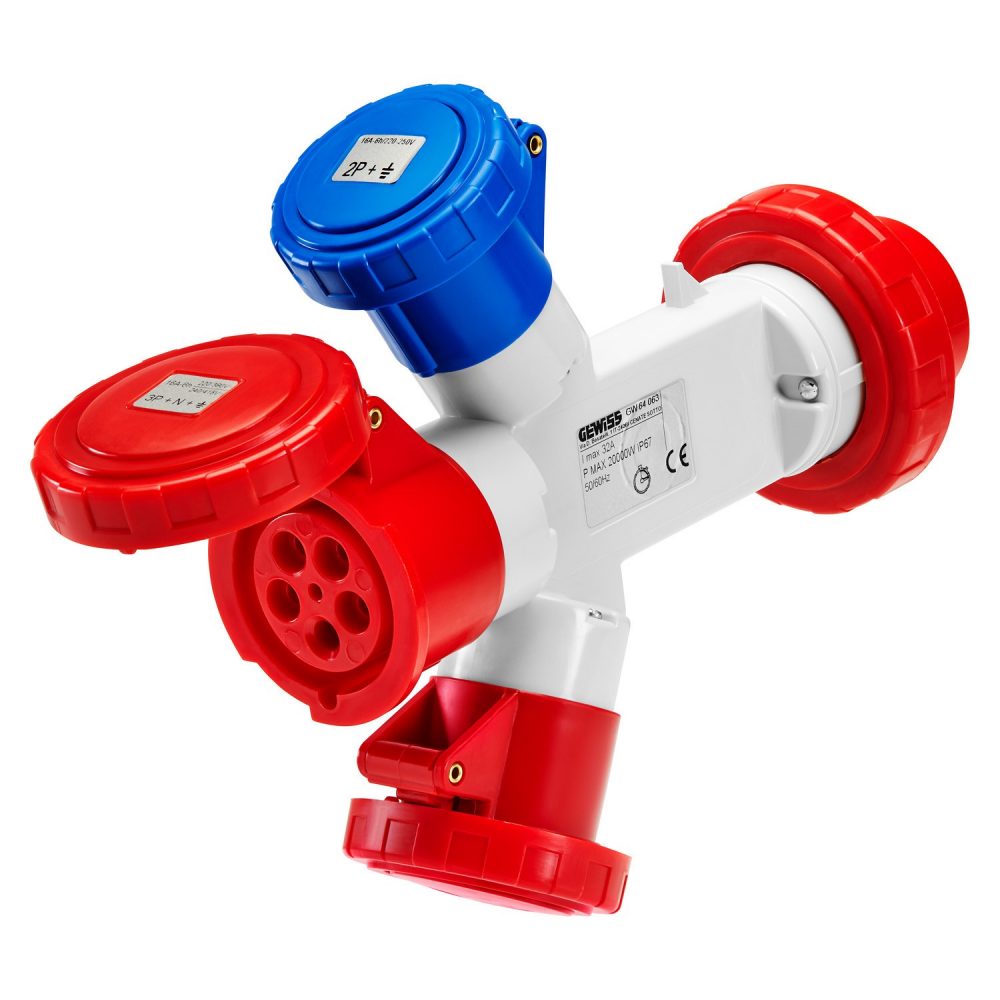 moltiplicatore adattatore di corrente ip67 - spina 2p+t 32a 230v ac 50/60hz-3 prese 2p+t 16a 230v ac