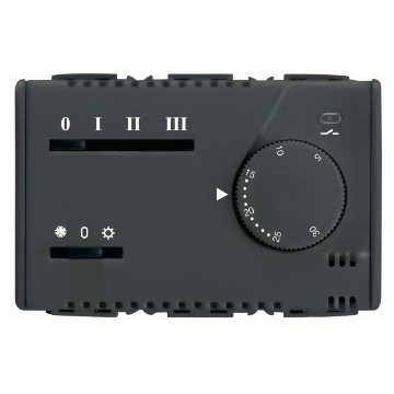  TERMOSTATO ELETTRONICO ESTATE/INVERNO PER FAN COIL - REGOLAZIONE A MANOPOLA - TRE VELOCITA' - 230V 50/60Hz - 3 MODULI- SYSTEM BLACK