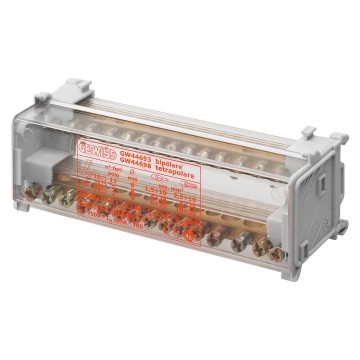Two-pole distribution terminal blocks with transparent protection cover fixing on plate or DIN rail EN 50022 - 750V - T 85°C