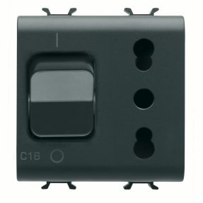 interlocked switched socket-outlet - 2p+e 16a p17/p11 - with miniature circuit breaker 1p+n 16a - 230v ac - 2 modules - satin black - chorusmart.