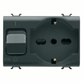interlocked switched socket-outlet - 2p+e 16a p40 - with miniature circuit breaker 1p+n 16a - 230v ac - 3 modules - satin black - chorusmart.