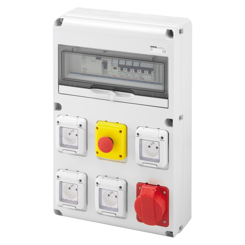  coffret d'alimentation provisoire tri+neutre - q-din 14 - 4p 40a - 26 kva - 4 pc 2p+t 230v 16a + 1 pc 3p+t 400v 32a iec - diff. général 30ma - coup de poing d'arrêt d'urgence - ip44