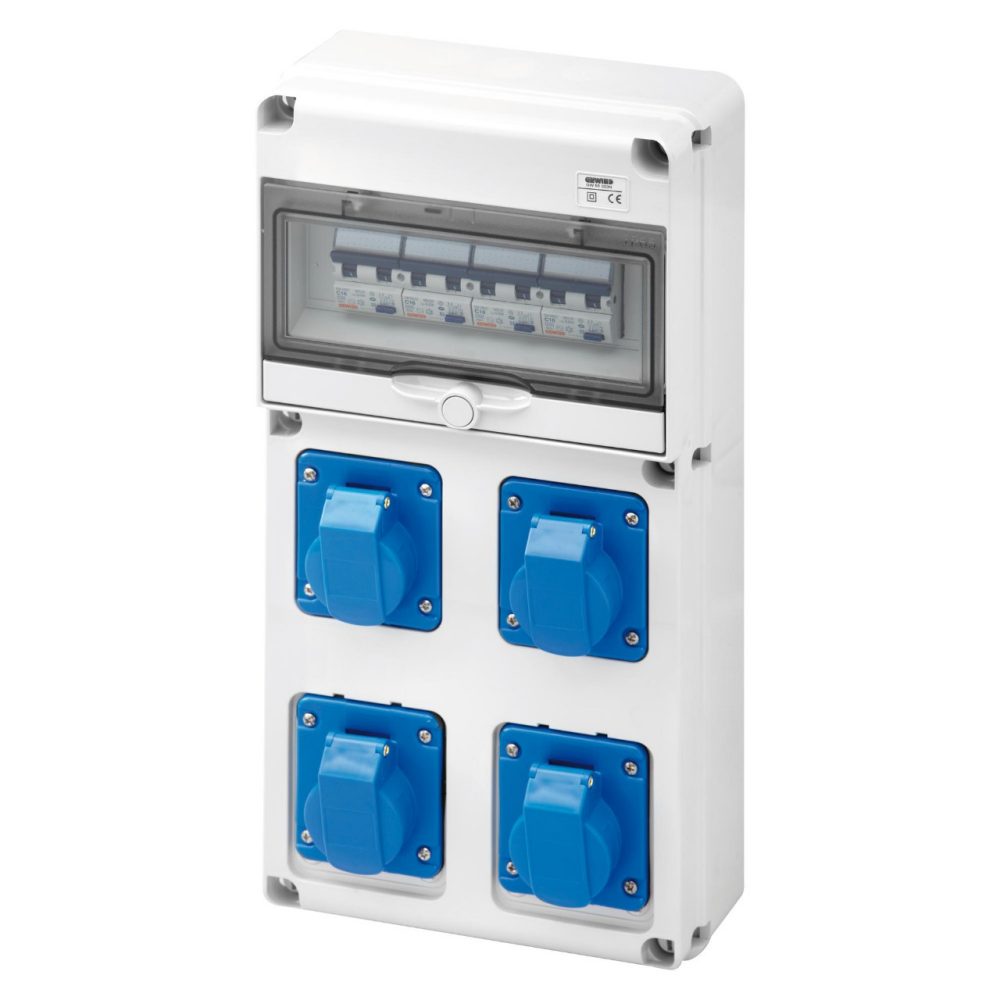  coffret camping q-din 10 - 4 pc 2p+t 230v 16a iec - 4 disjoncteur différentiel 2p 16a 30 ma - bornier d'alimentation - ip 44 - gris ral7035