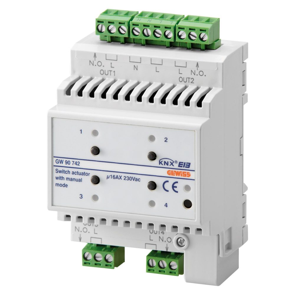 בקר יציאה מפסק - 4 ערוצים - ‎16ax - הפעלה ידנית - knx - ip20‎ - 4 מודולים - להתקנה על פס din