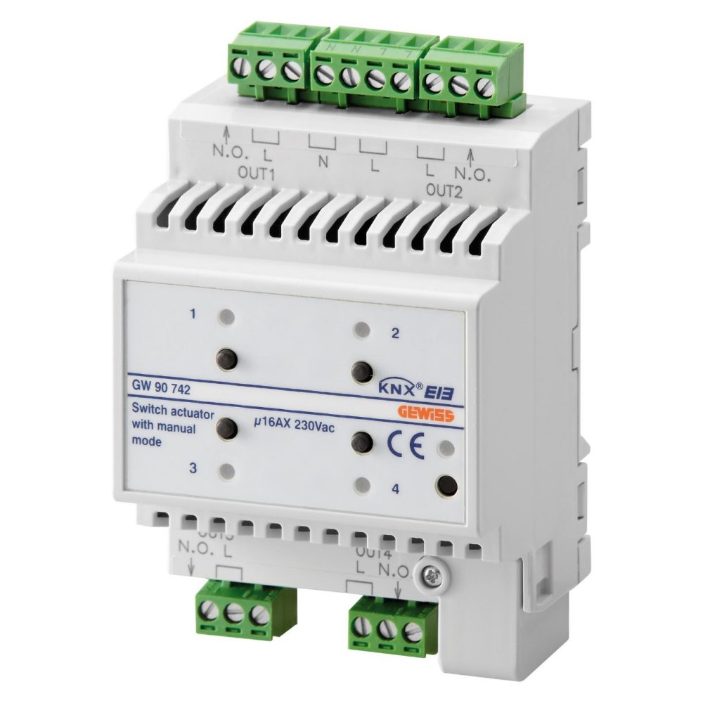  SCHAKELAANDRIJVING - 4 KANALEN - 16 AX - HANDMATIGE BEDIENING - KNX - IP20 - 4 MODULE - DIN-RAILMONTAGE