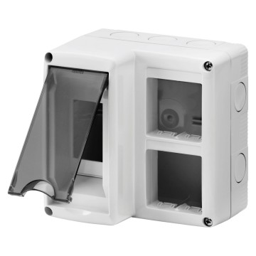 Beschermde behuizingen voor de gecombineerde installatie van modulaire DIN-toestellen en SYSTEM&lt;BR>Transparant fumé deur - Grijs RAL 7035 - IP40