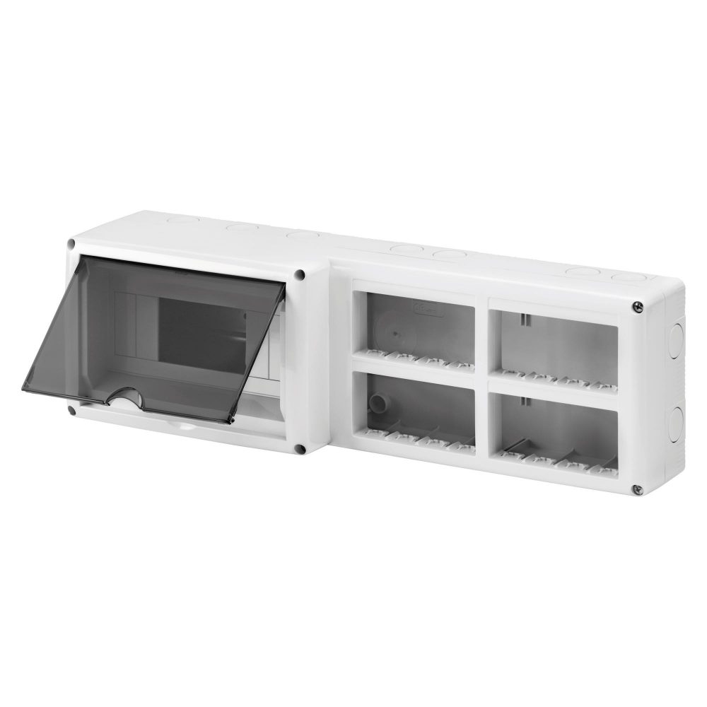 protected enclosure for combined installation of modular devices din and system - 8 din modules - 16 system modules - module 4x4 - ip40-grey ral 7035