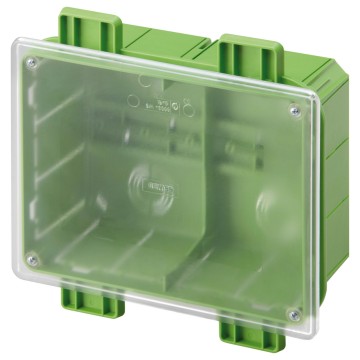Junction and connection box for side-by-side assembly with DIN rail integrated on the back-mounting box - Transparent lid