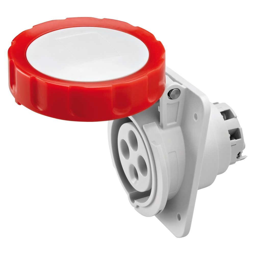 שקע ללוח בזווית 10° hp‏ - ip66/ip67‏ - 3p+e‏ 32a‏ ‎380-415v‏ 50/60hz - אדום - 6h - חיווט הברגה