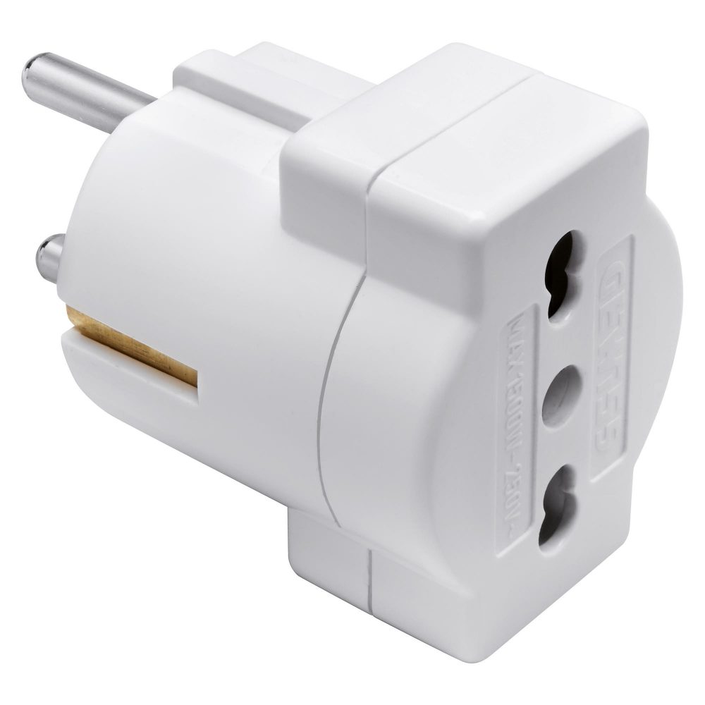 adattatore semplice - 2p+t 16a standard tedesco - uscita 2p+t 16a standard italiano/tedesco - bianco
