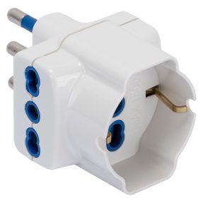 adattatore multiplo - 2p+t 16a s17 - 2 uscite standard italiano 16a bivalente - 1 uscita standard italiano/tedesco 16a bivalente - bianco