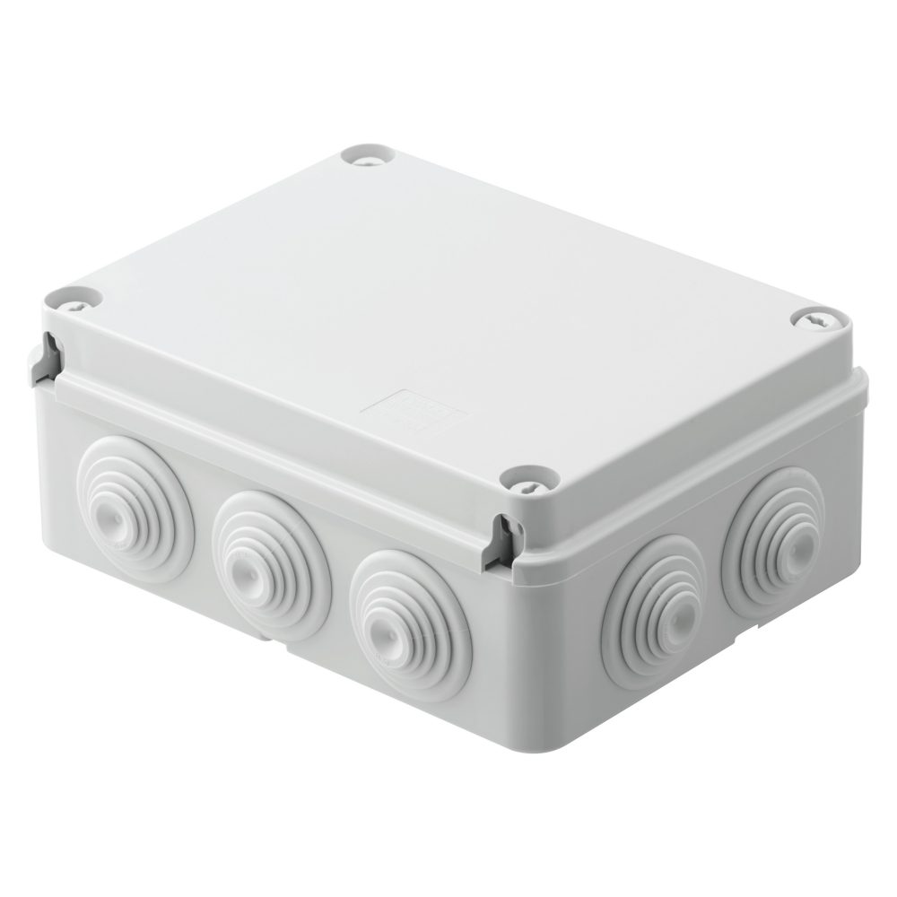  boîte de dérivation avec couvercle bas à vis - ip55 - dimensions internes 190x140x70 - parois avec passe-fils à gradins à entrée directe