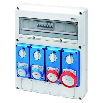 Quadro estanque Q-DIN 20 DBO eletrificado&lt;br />
com tomadas interbloqueadas verticais e 4 abra&amp;ccedil;adeiras para tomadas n&amp;atilde;o interbloqueadas de 16A - IP65