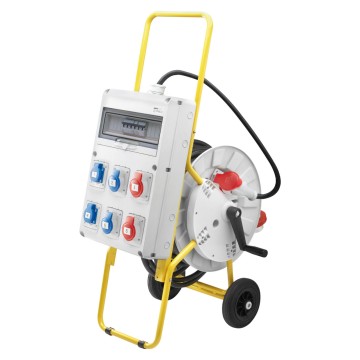 Protected board equipped with cable and mobile plug, with yellow painted accident prevention metal conduit carriage with two wheels and rotary drum for rewinding and storing the cable - IP44