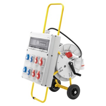 Quadro com alimentação por cabo e ficha, com suporte de tubo metálico cor amarelo, duas rodas e tambor giratório para enrolar o cabo - IP44