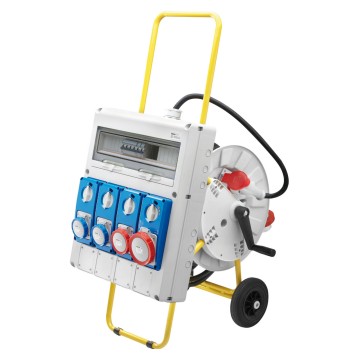 Watertight board equipped with cable and mobile plug, with yellow painted accident prevention metal conduit carriage with two wheels and rotary drum for rewinding and storing the cable - IP65