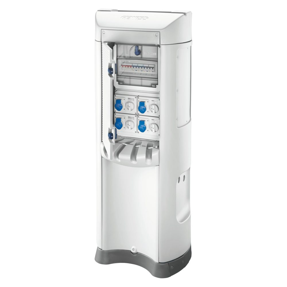  qmc200b - câblé - à deux faces - 8 prises 2p+t 16a - sectionneur 4p 80a -4 disj.différentiels 2p 25a 0,03a ac - 8 mtc 2p 10a - ip44 - blanc