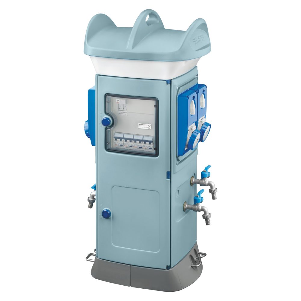  qmc63b - wired - double side take-off - 2 socket outlet 2p+e 16a 2 socket outlet 2p+e 32a - ip55 - light blue