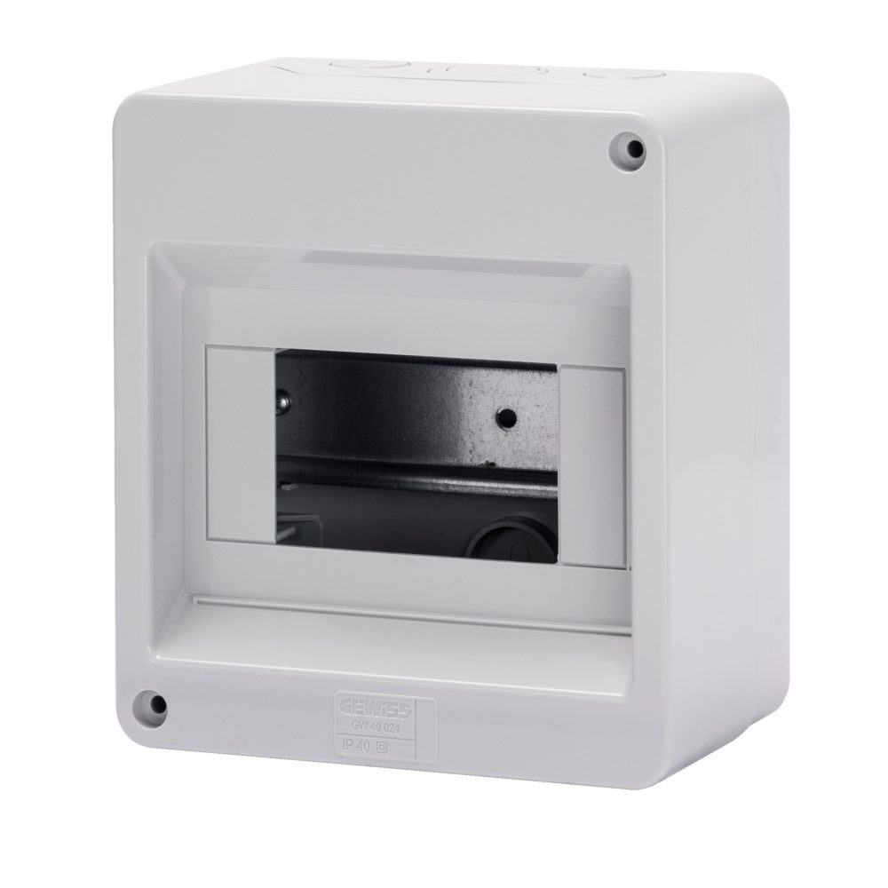  kunststof opbouwkast met din rail - zonder deur -wanden met perforaties - 6 module - ip40 - grijs bxhxd 140x155x85