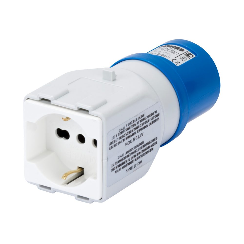  adattatore da industriale a civile ip44 - spina 2p+t 16a 230v ac 50/60hz - 1 presa 2p+t 10/16a bivalente (p30/p17)