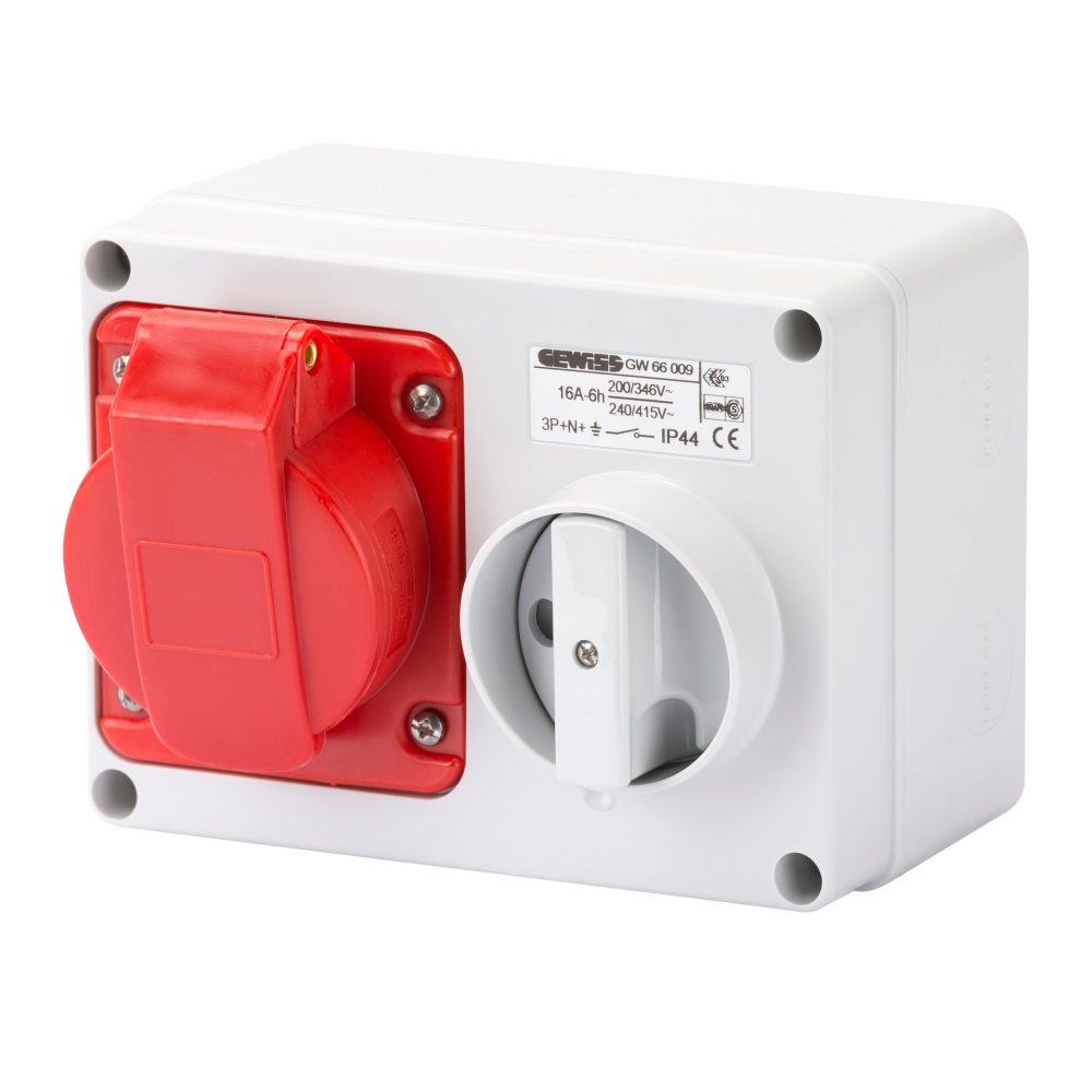  prise horizontale interverrouillée - avec fond - sans base porte-fusibles - 3p+n+t 16a 346-415v - 50/60hz 6h - ip44