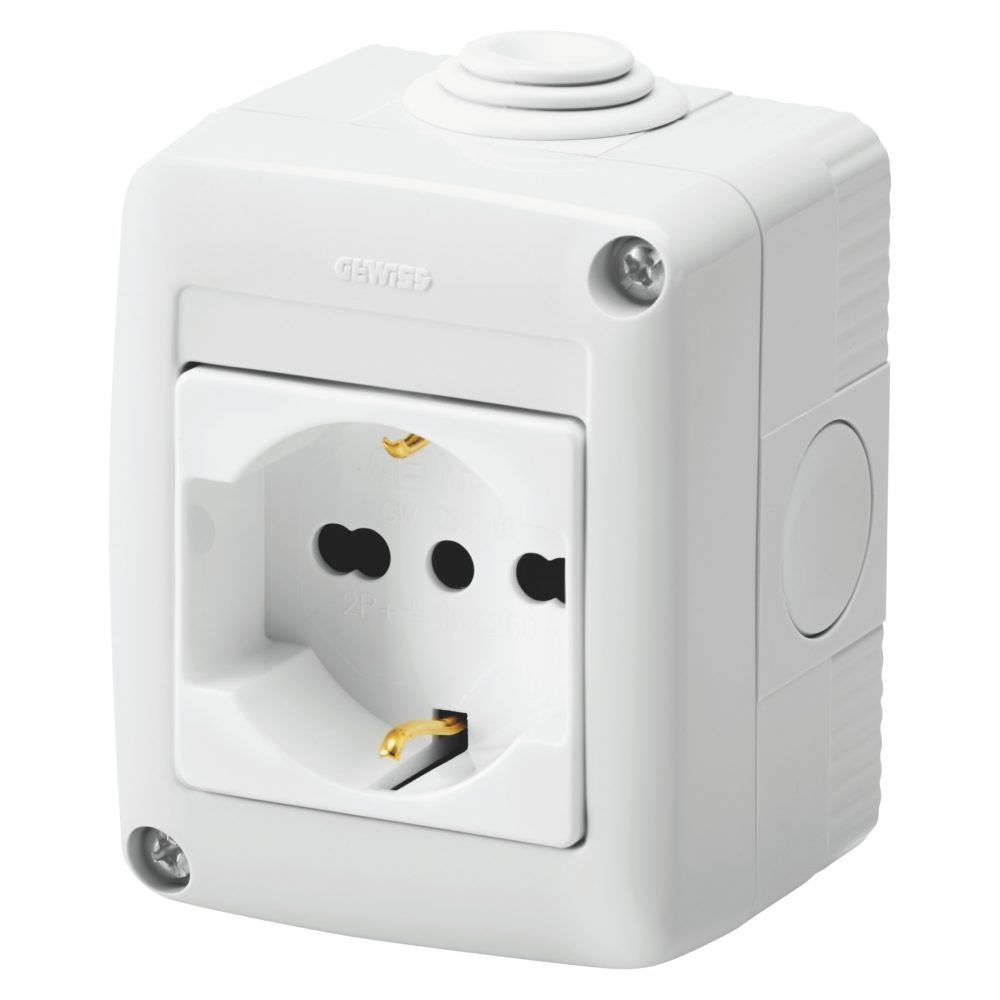  geschützte gehäuse mit system-geräte - mit steckdose 2p+e 16 a zweipolig - italienischer/deutscher standard - ip40 - grau ral 7035