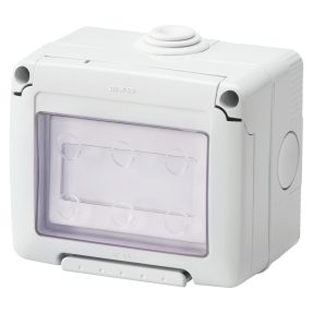 WASSERGESHÜTZE GEHÄUSE MIT SYSTEM-GERÄTE - MIT DRUCKTASTER 1P S 10AX - BELEUCHTBARES NAMENSSCHILD - IP55 - GRAU RAL 7035