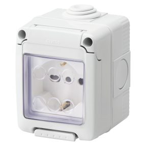 contenedor completo con aparatos system - estanco - base 2p+t 16 a bivalente - norma italiana/alemana - ip55 - gris ral 7035