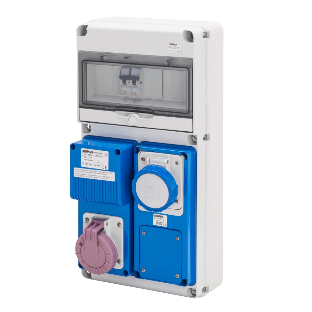  coffret multiprise mono - q-din 10 - 1 pc 2p+t 230v 16a + 1 pc 2p 24v 16a iec - sans différentiel - bornier d'alimentation - ip65