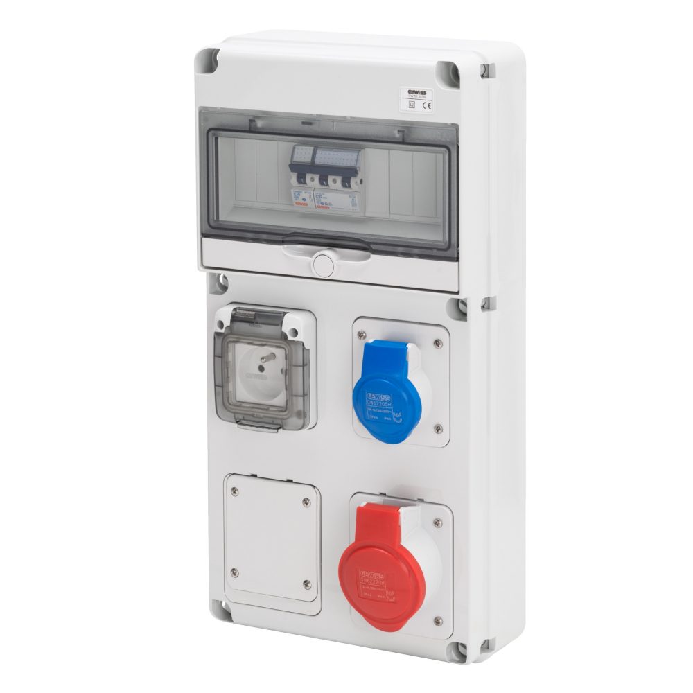  coffret multiprise tri+neutre - q-din 10 - 1 pc 2p+t 230v 16a + 1 pc 2p+t 230v 16a iec + 1 pc 3p+t 400v 32a iec - sans différentiel - ip65