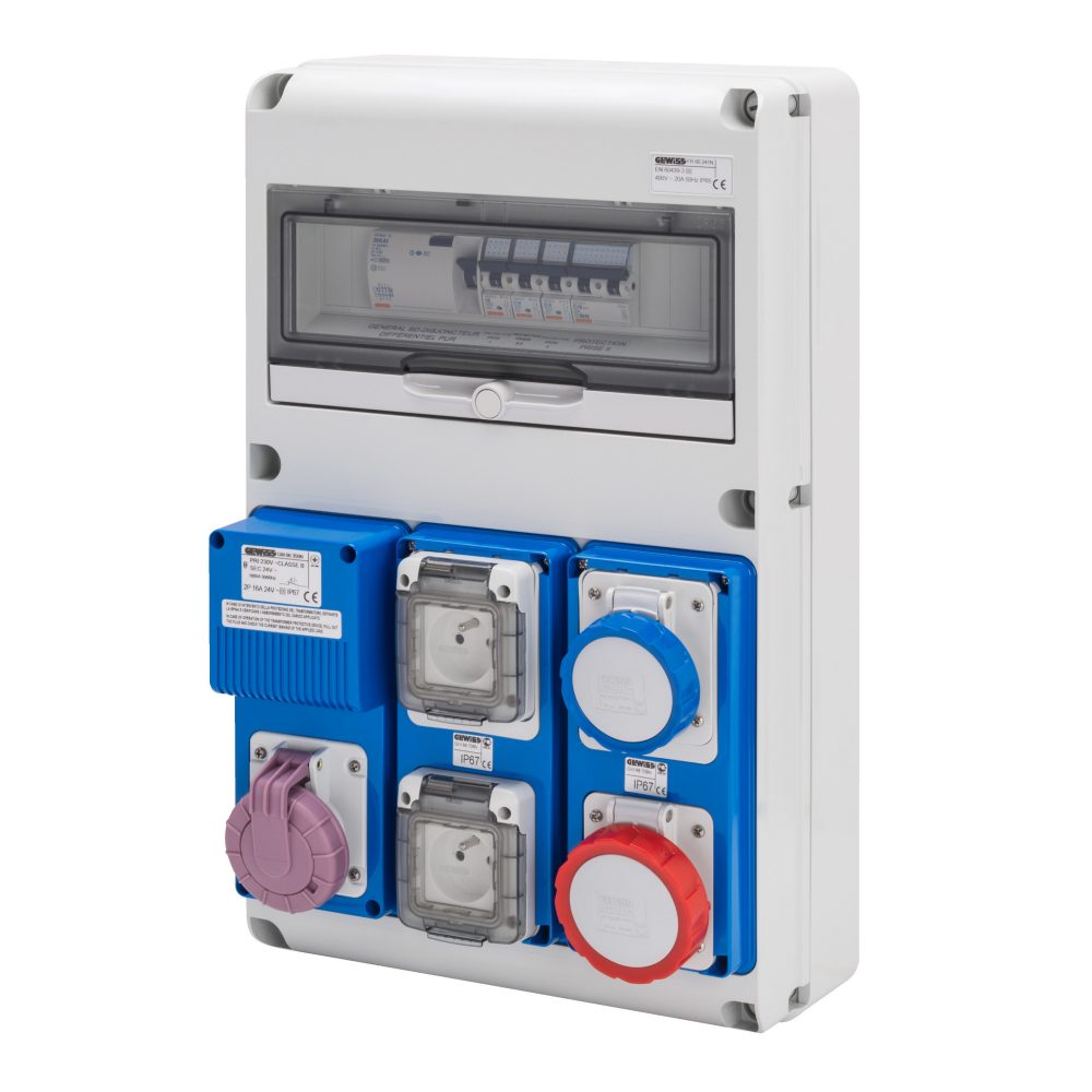  coffret multiprise tri+neutre - q-din 14 - 4p 25a - 2 pc 2p+t 230v 16a + 1 pc 2p+t 230v 16a iec + 1 pc 3p+t 400v 16a iec + 1 pc 2p 24v 16a iec - diff. général 30ma - ip65