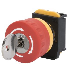 kruhové tlačítko s hřibovou hlavou – průměr 40 mm – s aretací a klíčem – nepodsvícené