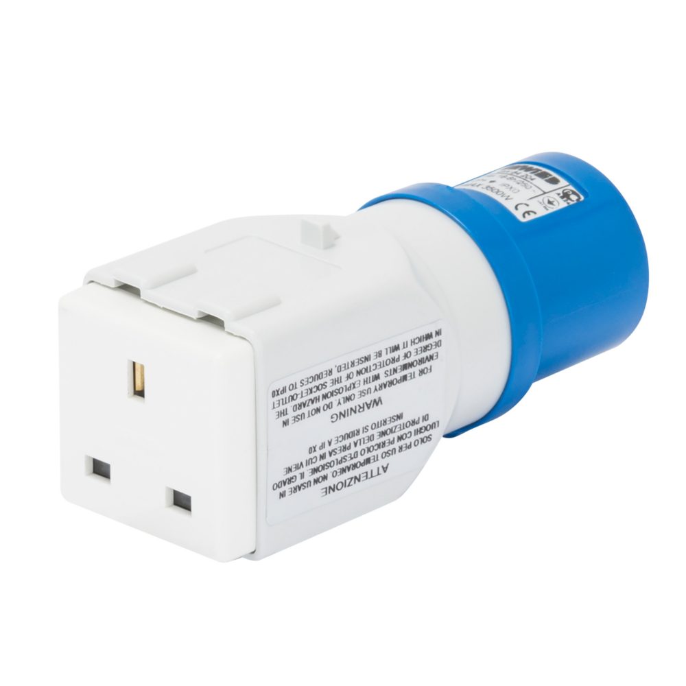  adaptateur mobile industriel vers domestique ip44 - fiche 2p+t 16a 230v ca 50/60hz - 1 prise 2p+t 13a std.anglais