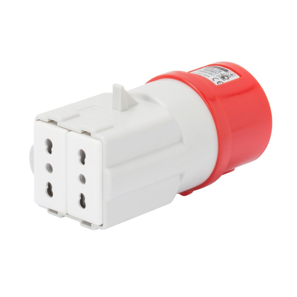  adaptateur mobile industriel vers domestique ip44 - fiche 3p+n+t 16a 400v ca 50/60hz - 2 prises 2p+t 16a bivalente (p17/11)