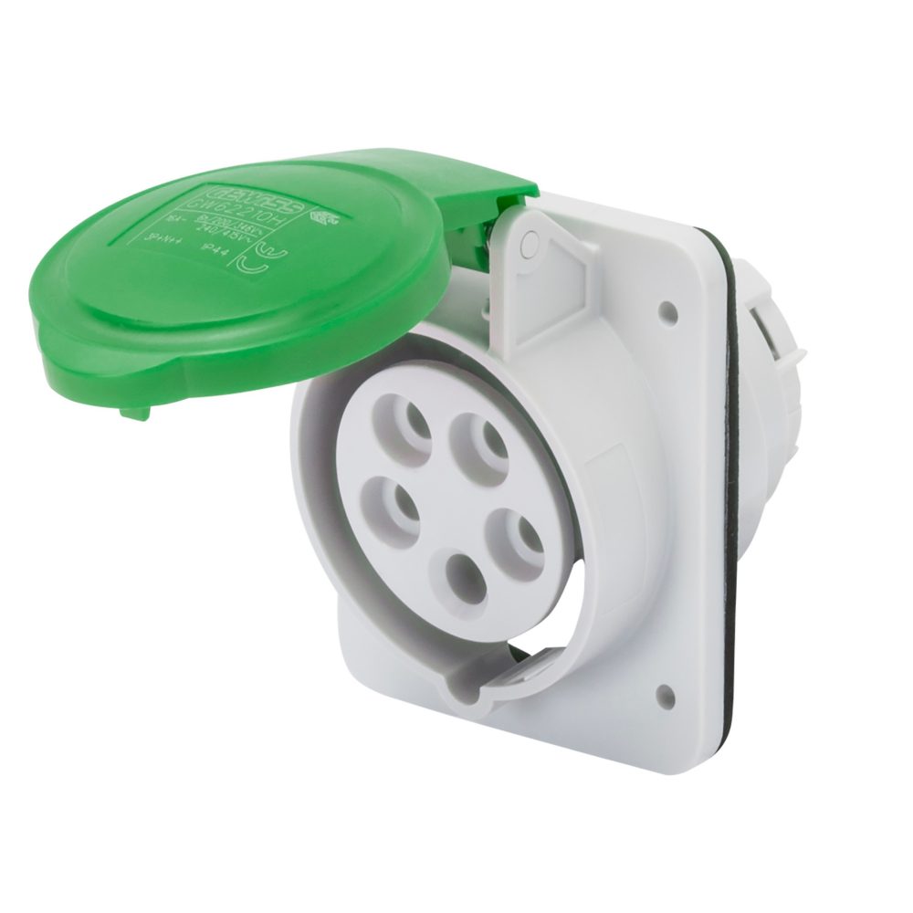 úhlová zásuvka 10° pro zapuštěnou montáž hp – ip44/ip54 – 2p+e 16 a >50 v 100-300 hz – zelená – 10h – šroubové připojení