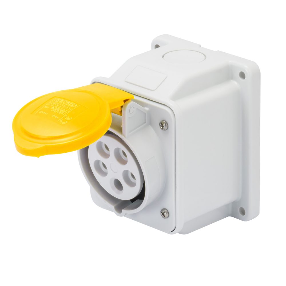  socle de prise en saillie à 10° - ip44 - 2p+t 32a 100-130v 50/60hz - jaune - 4h - câblage à vis