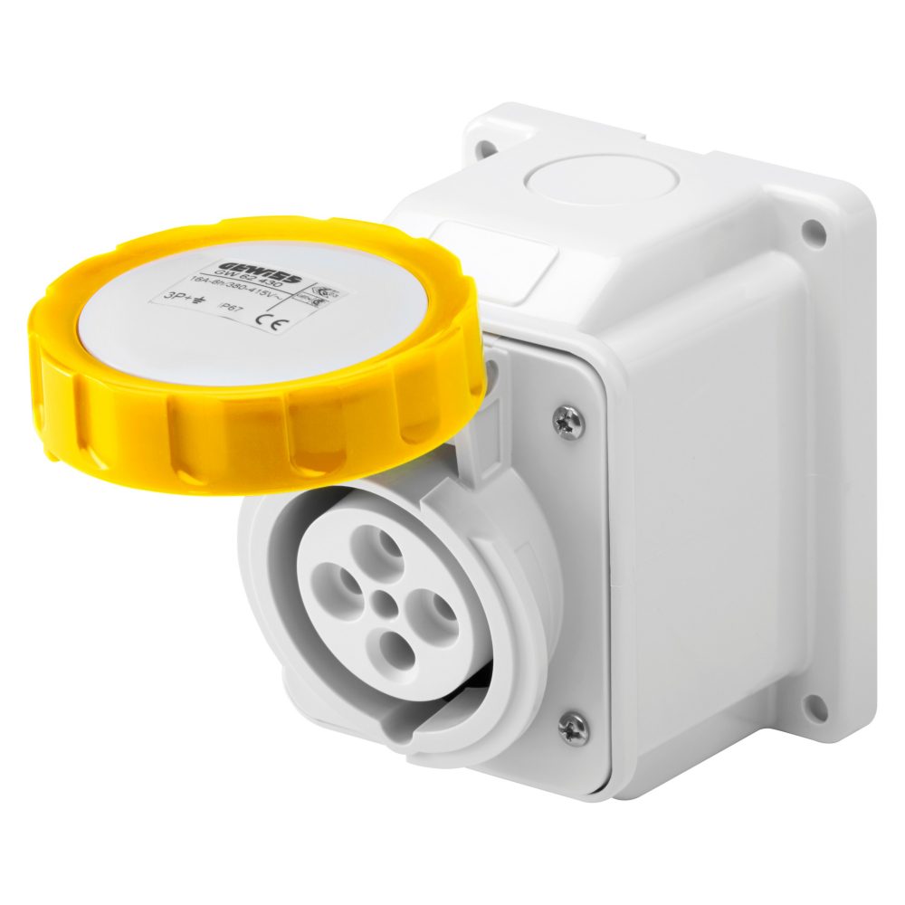 base fija de pared a 10° - ip67 - 2p+t 32a 100-130v 50/60hz - amarillo - 4h - conexionado de tornillo
