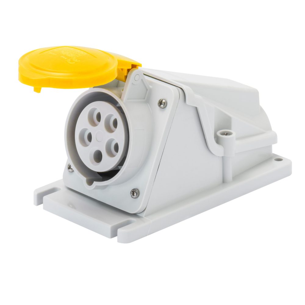  base fija de pared a 90° - ip44 - 2p+t 32a 100-130v 50/60hz - amarillo - 4h - conexionado de tornillo