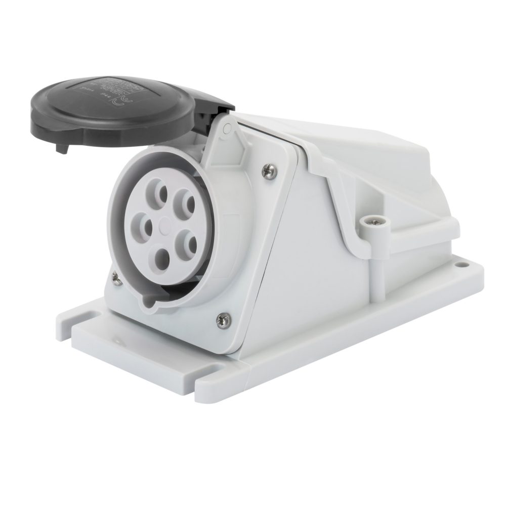  90° angled surface-mounting socket-outlet - ip44 - 3p+e 16a 480-500v 50/60hz - black - 7h - screw wiring