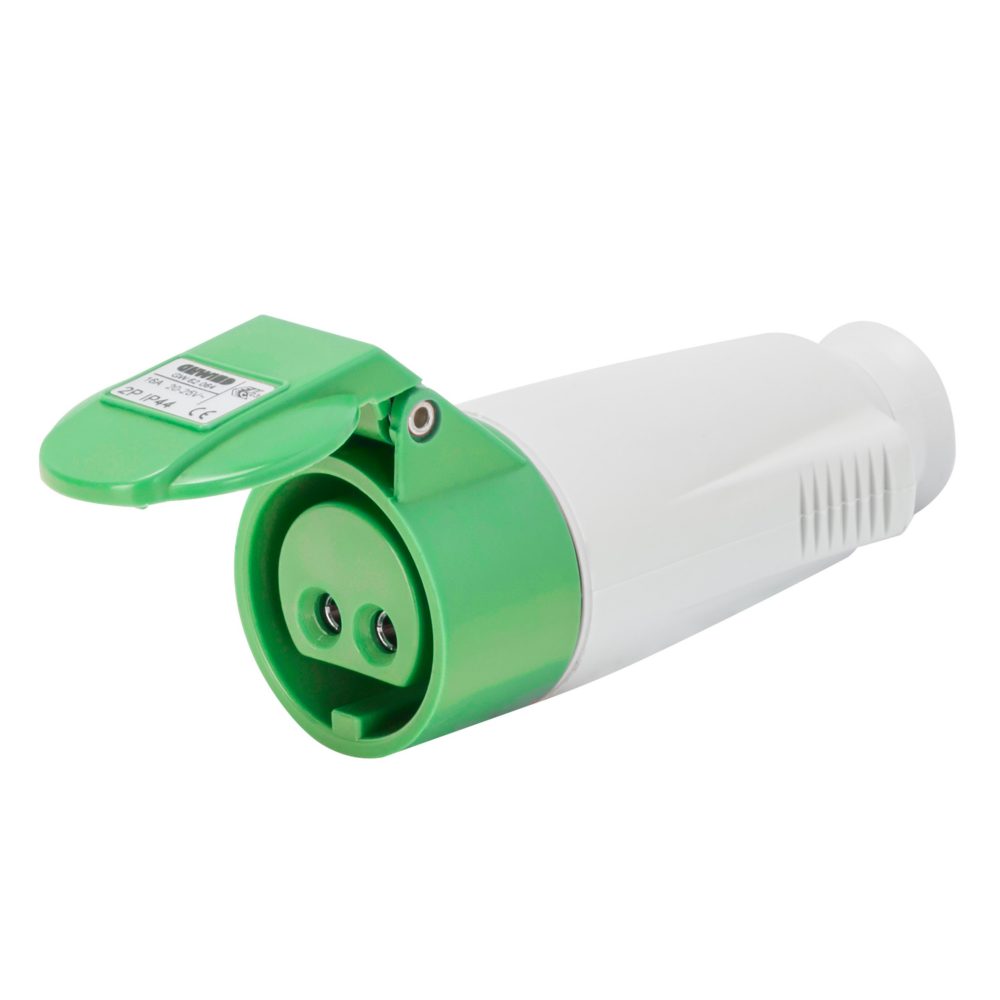  prise mobile droite - ip44 - 2p 16a 20-25v et 40-50v 100-200hz - vert - 4h - câblage à vis