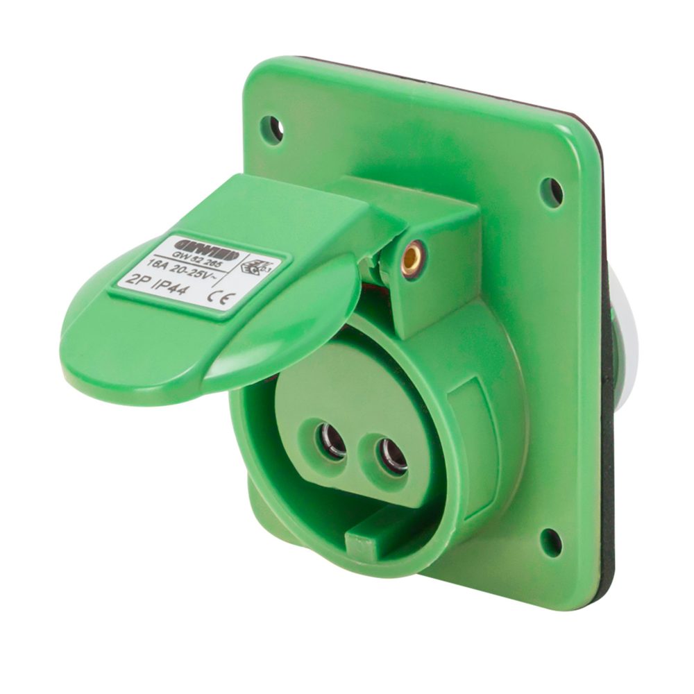 10° angled flush-mounting socket-outlet - ip44 - 3p 32a 20-25v and 40-50v 100-200hz - green - 4h - screw wiring
