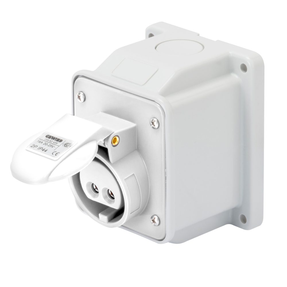  socle de prise en saillie à 10° - ip44 - 2p 16a 40-50v 50-60hz - blanc - 12h - câblage à vis