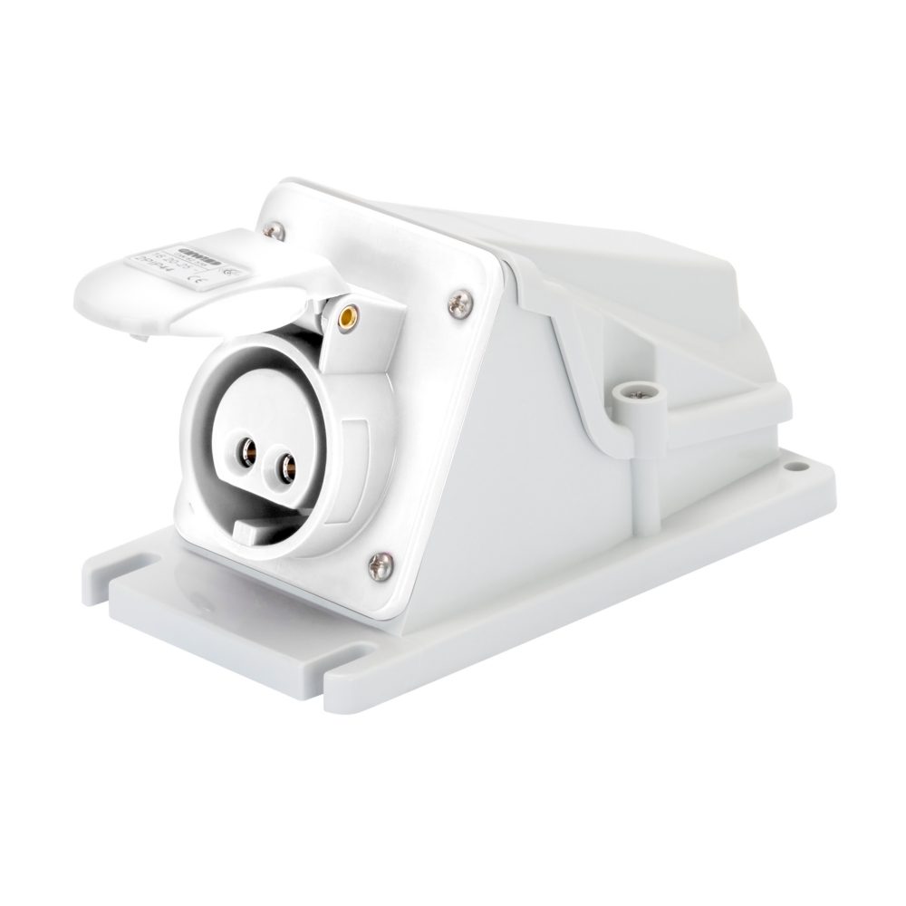  90° angled surface-mounting socket-outlet - ip44 - 2p 16a 20-25v and 40-50v d.c. - white - 10h - screw wiring