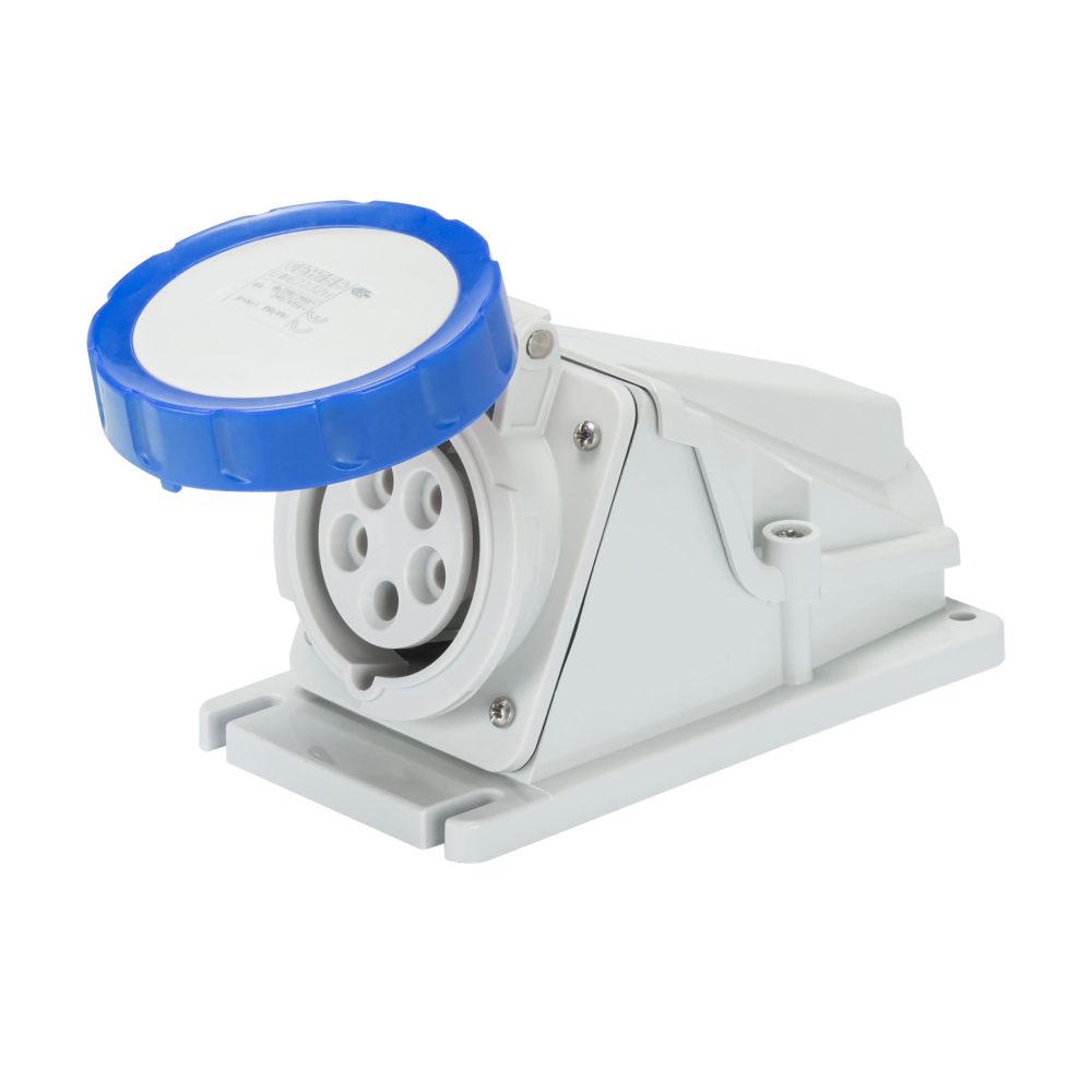  cee wandcontactdoos 3p+n+a 32a 200/250v 50/60hz - blauw - 9h - opbouw haaks - ip67 + schroefdraad aansluiting
