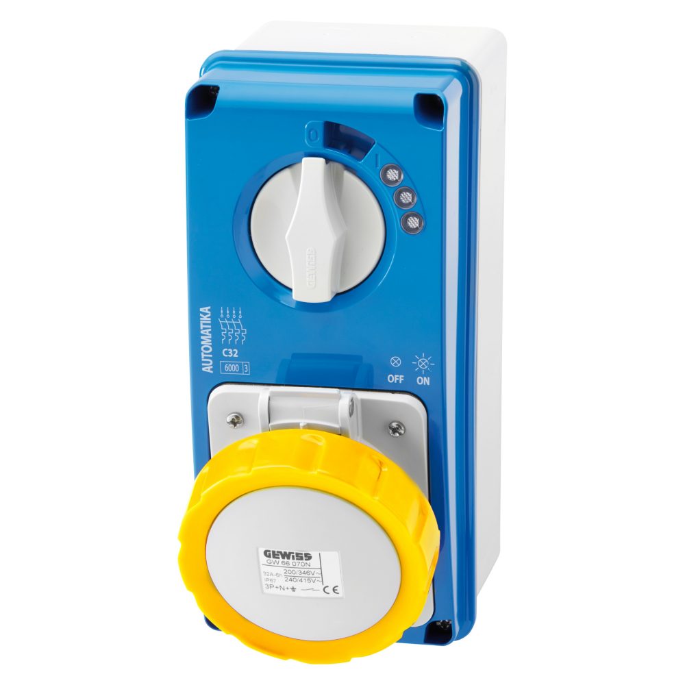  prise verticale interverrouillée - automatika - mt 6ka courbe c - avec fond - 2p+t 32a 100-130v - 50/60hz 4h - ip67