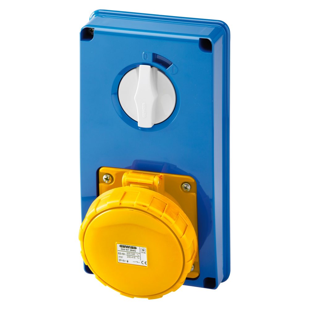  prise verticale interverrouillée - sans fond - sans base porte-fusibles - 3p+n+t 63a 100-130v - 50/60hz 4h - ip67